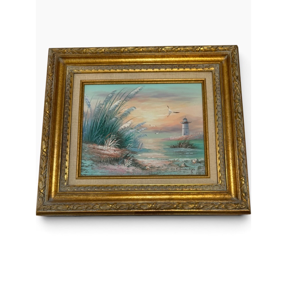 Cummings Waters Edge Original Oil Painting Lighthouse Coastal Gold Framed 8x10